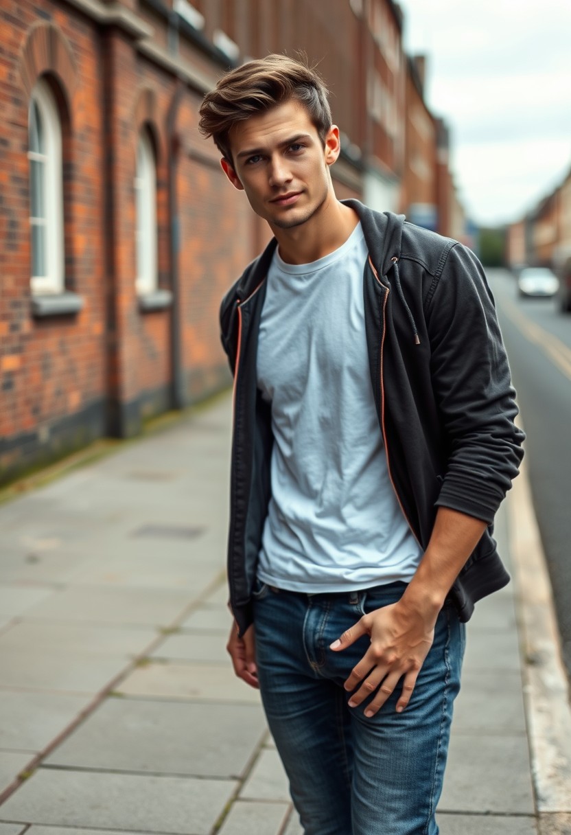 Jamie Dornan head and body shot, handsome, young, serious face, dark brown hair, white t-shirt, college jacket, skinny jeans, sneakers, standing stylishly, flirting face smile, near town road, hyper-realistic, street photography, brick wall, full body photo.