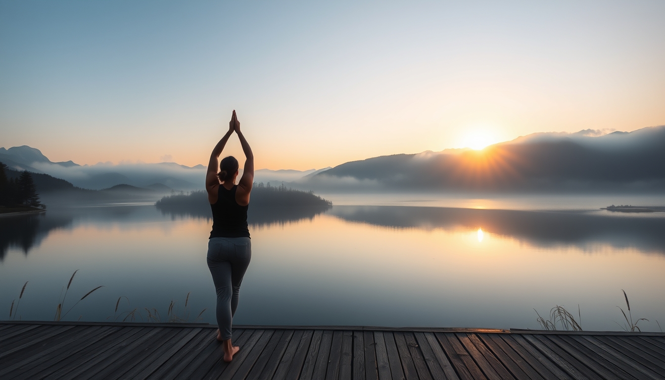 A serene landscape featuring a yoga practitioner on a wooden deck overlooking a tranquil lake, surrounded by misty mountains at sunrise. - Image