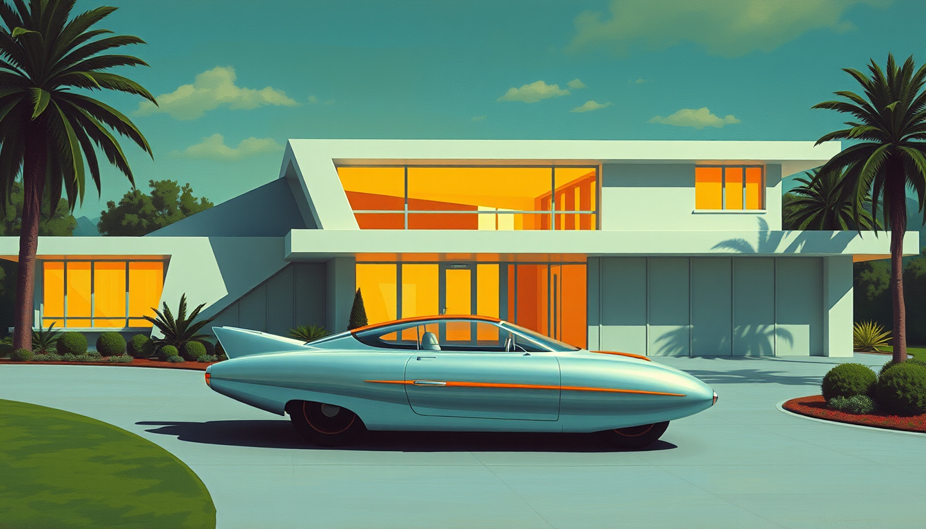 a mid-century-modern house with a concept car in front, a painting by Syd Mead, 4k.