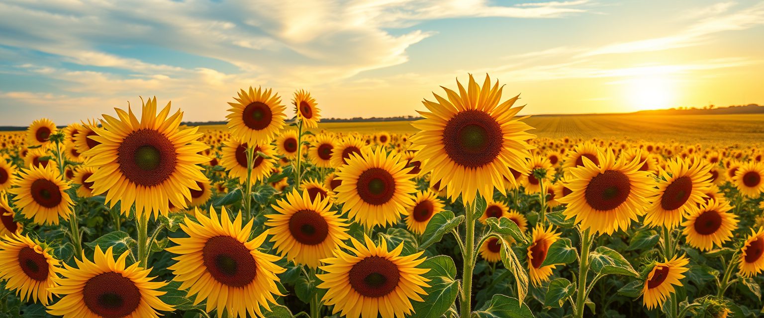 Vibrant, sunflower fields, golden blooms, high quality, photorealistic, summer, cheerful, idyllic, rural, panoramic, breathtaking, blue skies, windblown fields, sunset, floral arrangements.