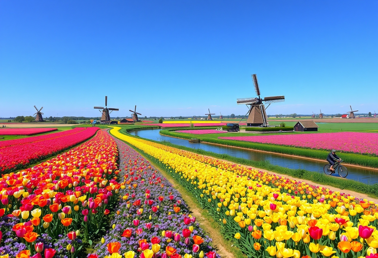 Sprawling, colorful tulip fields, blooming flowers, vibrant, cheerful, high quality, photorealistic, idyllic, springtime, windmills, rural, Dutch countryside, picturesque, breathtaking::0.9 cycling, bicycle paths, windmill-lined canals, charming, blue skies, peaceful, farmland, grazing cows.