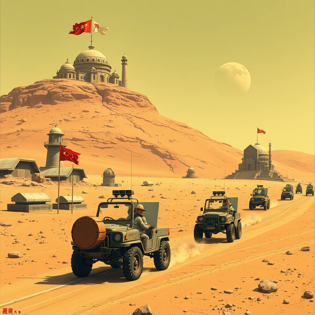 "Logged into Mars, there are strange buildings, flags, people using strange vehicles, and Chinese characters or Japanese." - Image