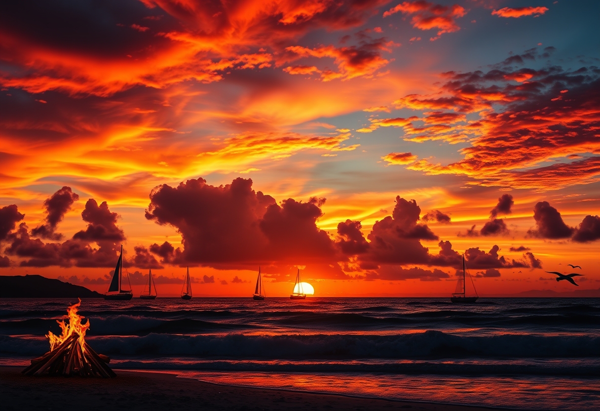 Dramatic, fiery sunset, colorful clouds, silhouettes, high quality, photorealistic, tranquil, evening sky, reflection, serene, breathtaking::0.7 sailboats, beachside bonfires, seashells, peaceful waves, seagulls