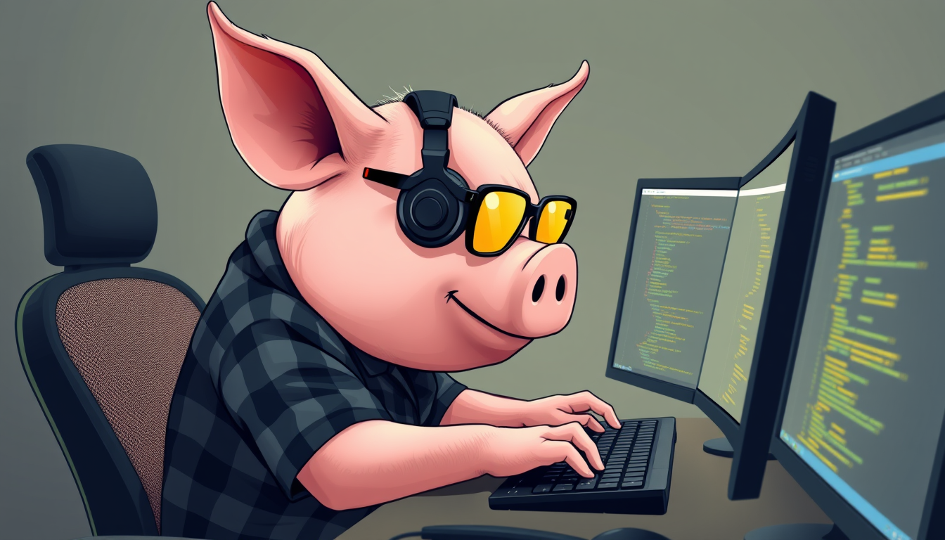 A tech-savvy pig coder, wearing yellow-tinted glasses and sleek noise-canceling headphones, hunches over a cutting-edge multi-monitor setup. The anthropomorphic pig exudes focus, typing furiously while dressed in a plaid t-shirt. - Image