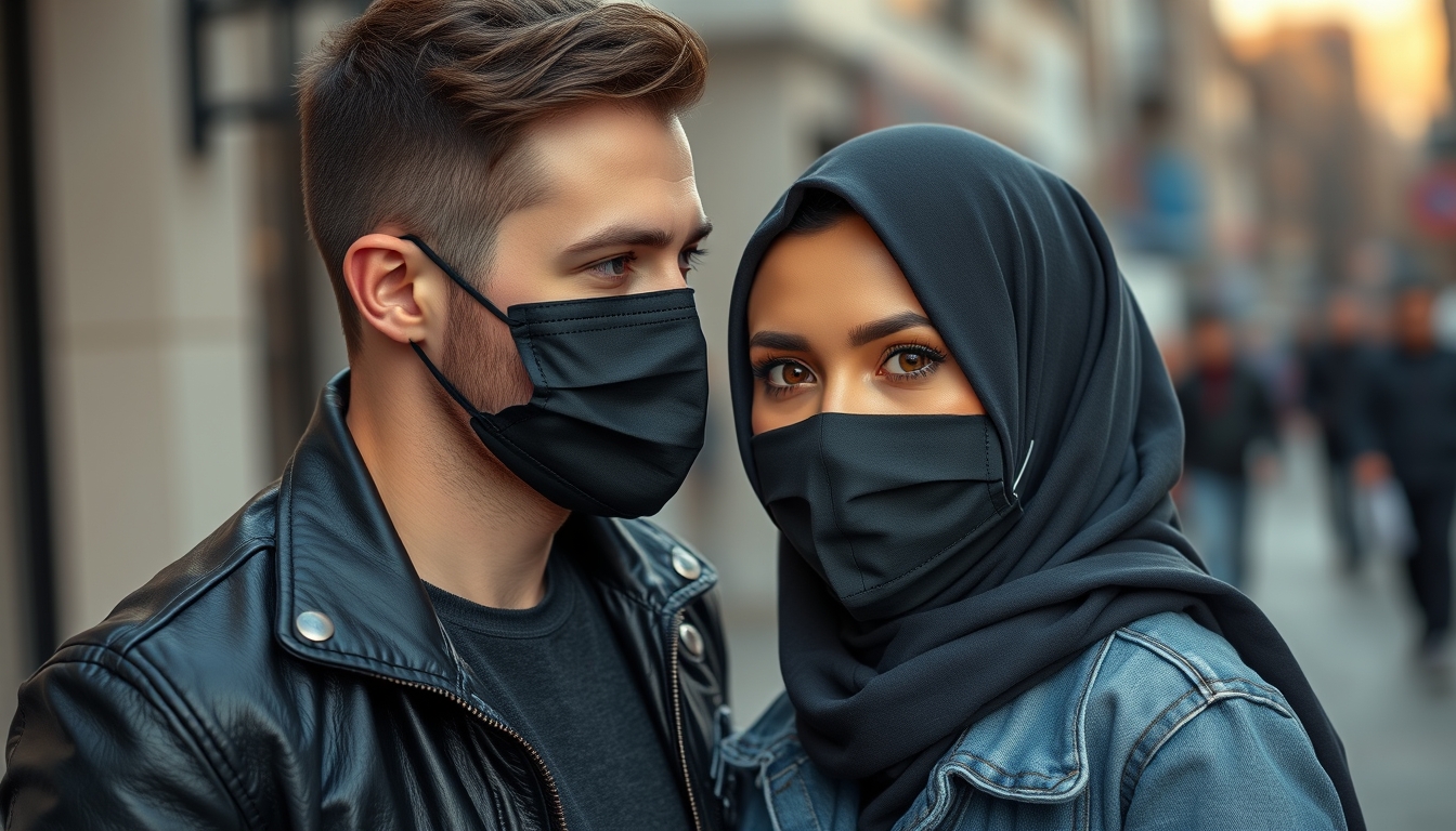 Jamie Dornan, handsome, wearing a black face mask, black leather jacket, jeans, dating, love couple with a beautiful hijab-wearing Muslim girl, beautiful eyes, black face mask, jeans jacket, tallest, hyper-realistic, street photography. - Image