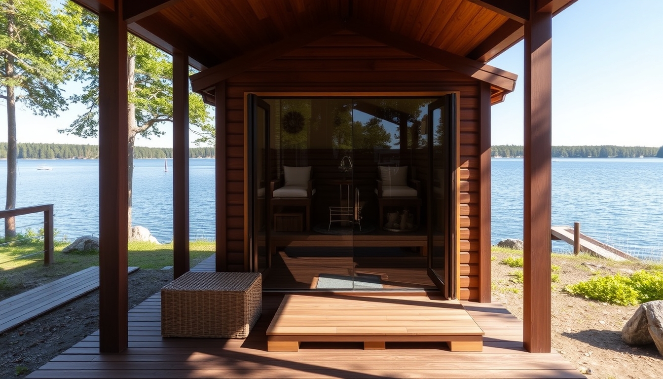 A peaceful lakeside retreat with a glass-fronted sauna overlooking the water.