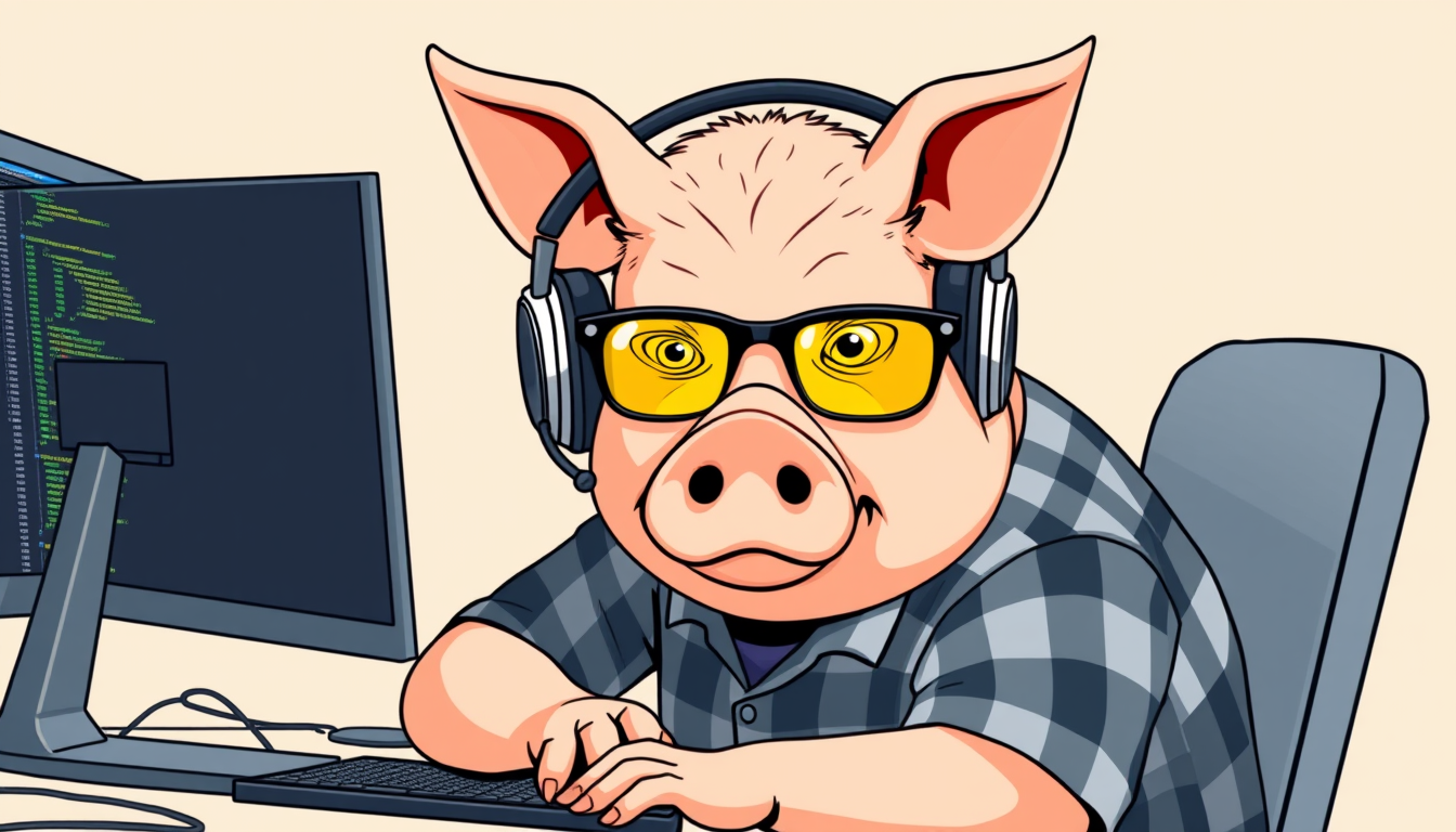 A tech-savvy pig coder, wearing yellow-tinted glasses and sleek noise-cancelling headphones, hunches over a cutting-edge multi-monitor setup. The anthropomorphic pig exudes focus, typing furiously, and is dressed in a plaid t-shirt.