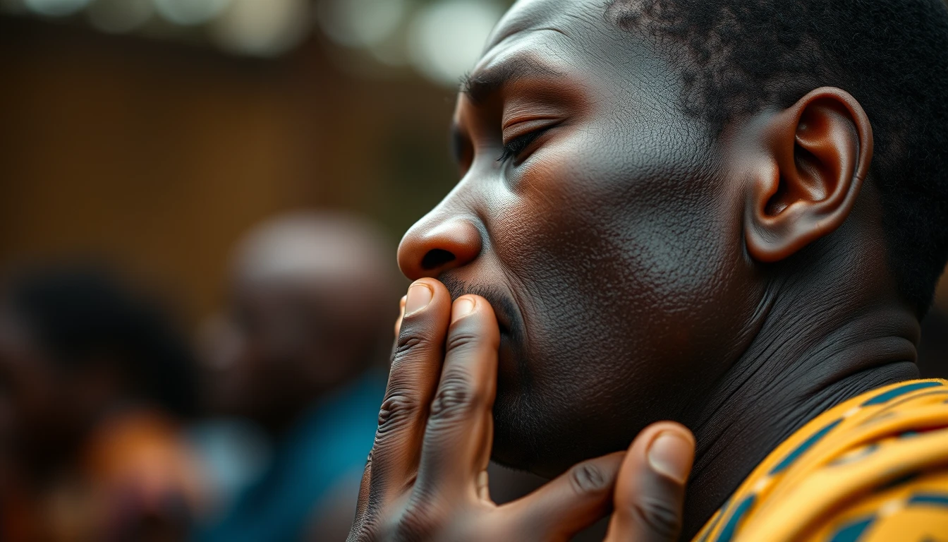 Awesome photography, close-up shot of a 30-year-old Rwandan man praying, cinematic scene, high resolution, wonderful camera filter.