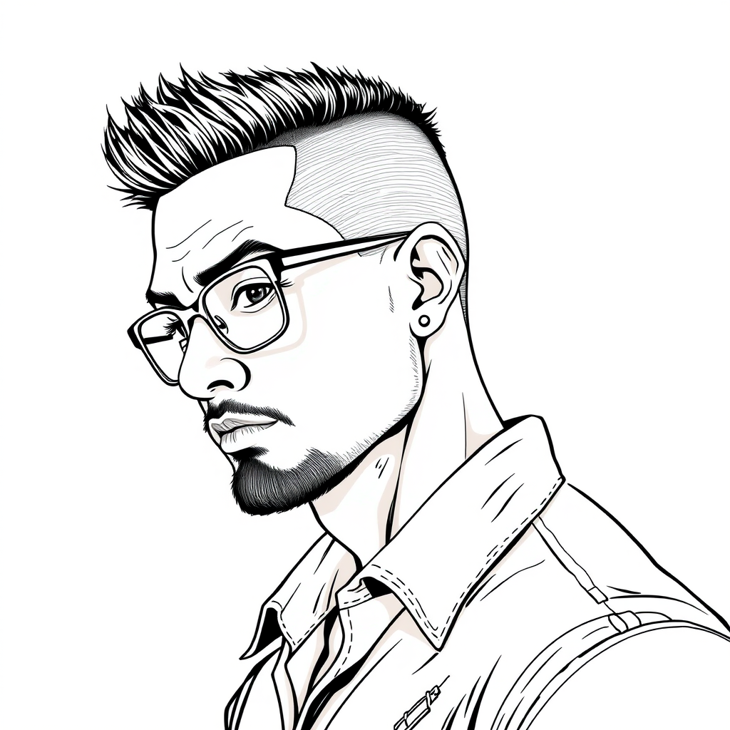 "Create a cool line drawing of a man around 35 years old, slightly to the left, with a buzz cut, a strong physique. He is Asian, wearing framed glasses, has a bit of beard on his chin, and is dressed in a shirt, with a somewhat rebellious demeanor yet some refinement."