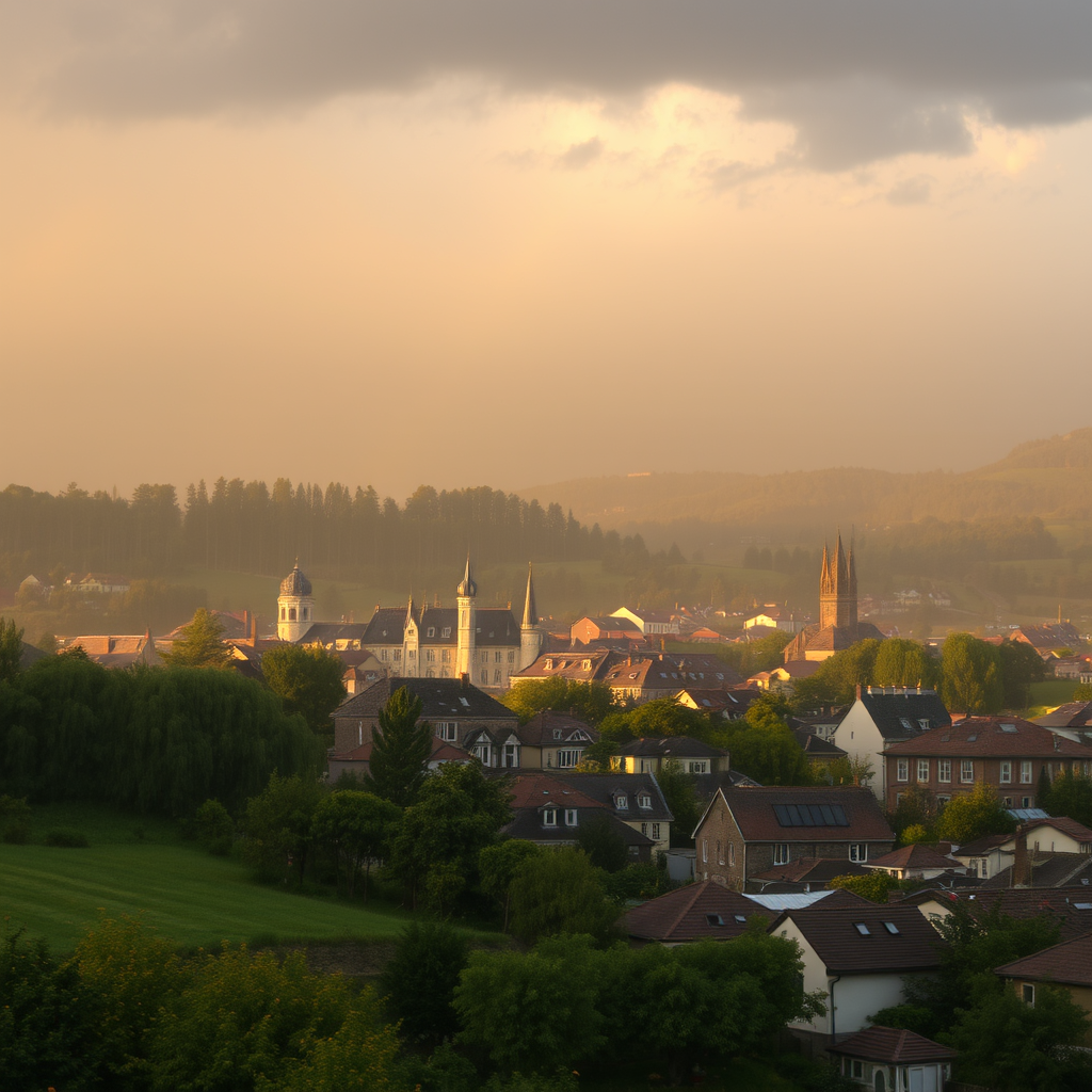 Peaceful rain storm in a heavenly town and countryside, with ambient golden light and everything has subtle clouds integrated into its structure. - Image