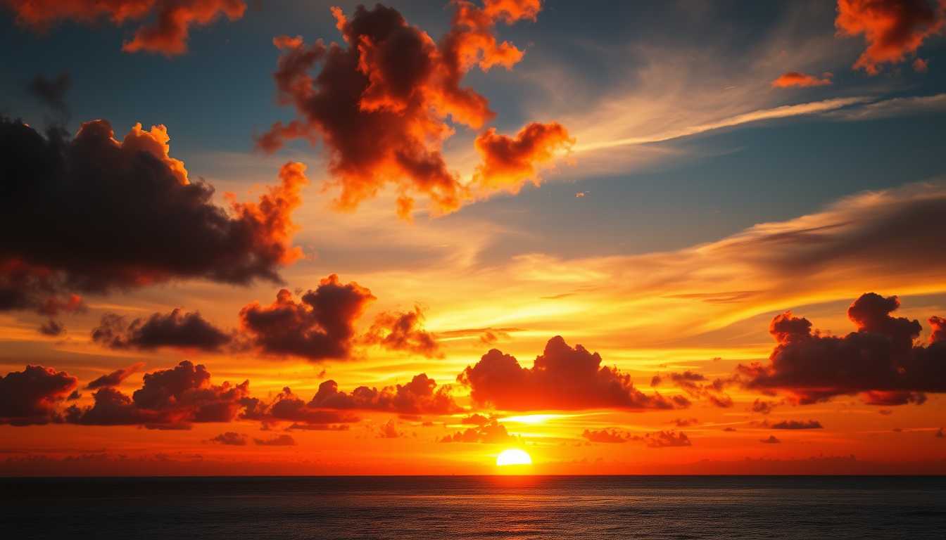 Dramatic, fiery sunset, clouds, silhouettes, high quality, photorealistic, evening sky, reflection, serene, seashells.