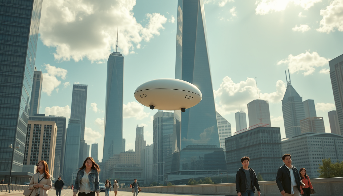 Create a stunning high-resolution image of the city of the future. The skyline should be filled with towering skyscrapers. Includes a light-colored oval balloon-type robot flying rapidly through the air with tiny black balancers on either side of the balloon. There are some people walking on the street, Asian faces, wearing fashionable and avant-garde clothes, in a laid-back and pleasant atmosphere. The visual focus of the image highlights small balloon-type robots patrolling the air for safety, very beautiful clouds, and sunlight reflecting off the glass surfaces of buildings, creating an atmosphere of excitement and innovation. Very sharp and realistic details, 32K, flat view.