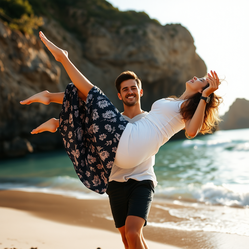 handsome man lifting women in his arm, at beach