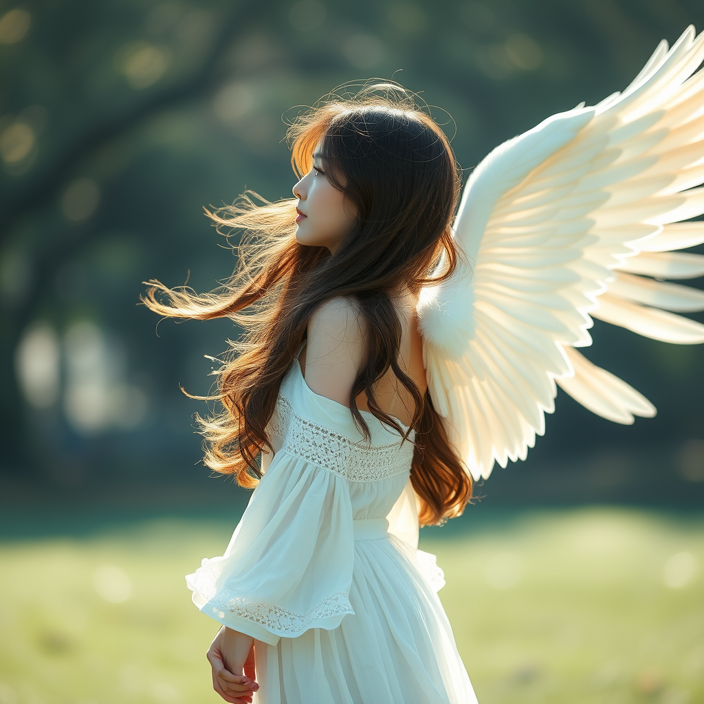 Korean idol girl angel, wind wave long hair, spread big wings on the back, full body, side view, side lighting, background bokeh, super realistic, film look.