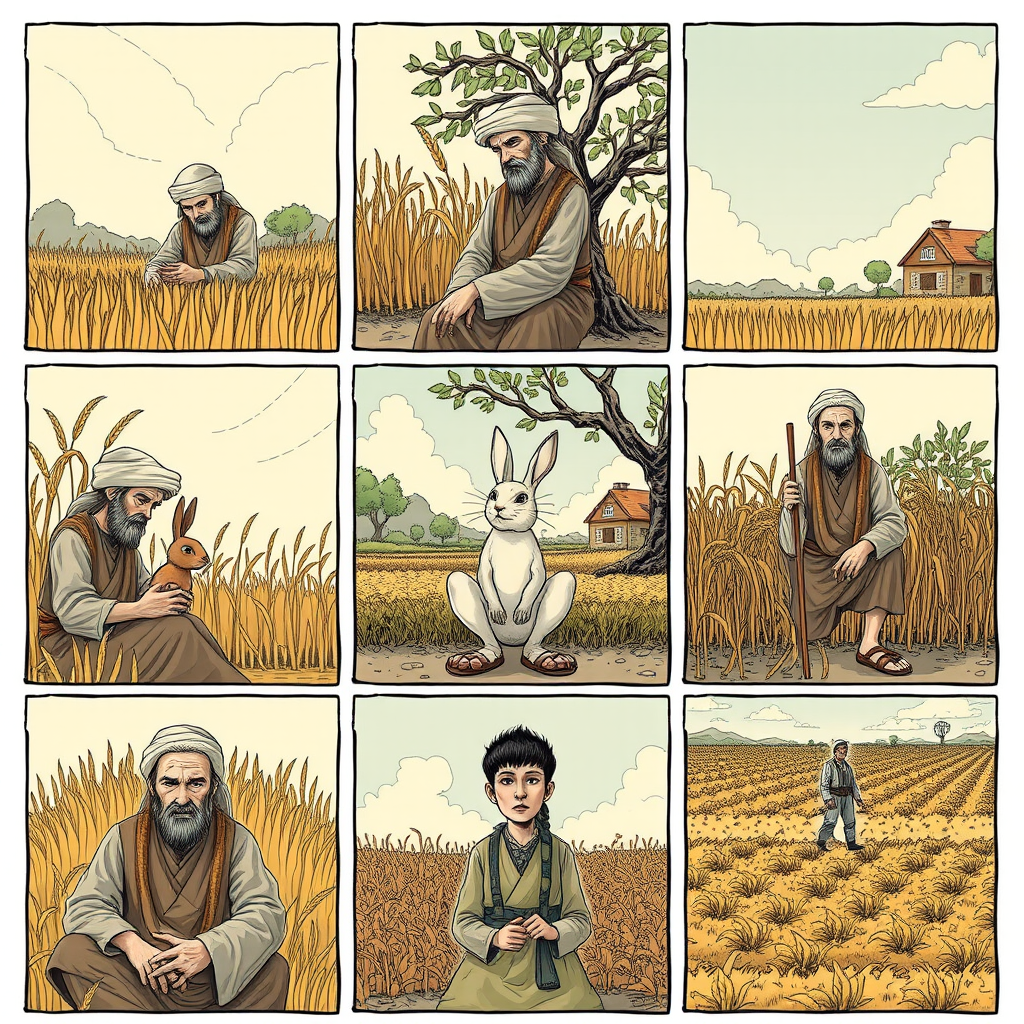 The image style is "cyberpunk," featuring an ancient farmer in a nine grid. The characters in each scene will all use the same farmer, ensuring that the face shape and clothing remain consistent throughout. In the first panel, the farmer is harvesting wheat. In the second panel, the farmer is sitting under a tree, a rabbit's head is toward the tree. In the third panel, the farmer is holding a rabbit in his hand. In the fourth panel, the farmer is walking toward a house. In the fifth panel, the farmer sits under the tree. In the sixth panel, the farmer sighs while sitting under the tree. In the seventh panel, the farmer stares blankly at the sky. In the eighth panel, the crops have withered. In the ninth panel, the farmer is planting seeds in the field.