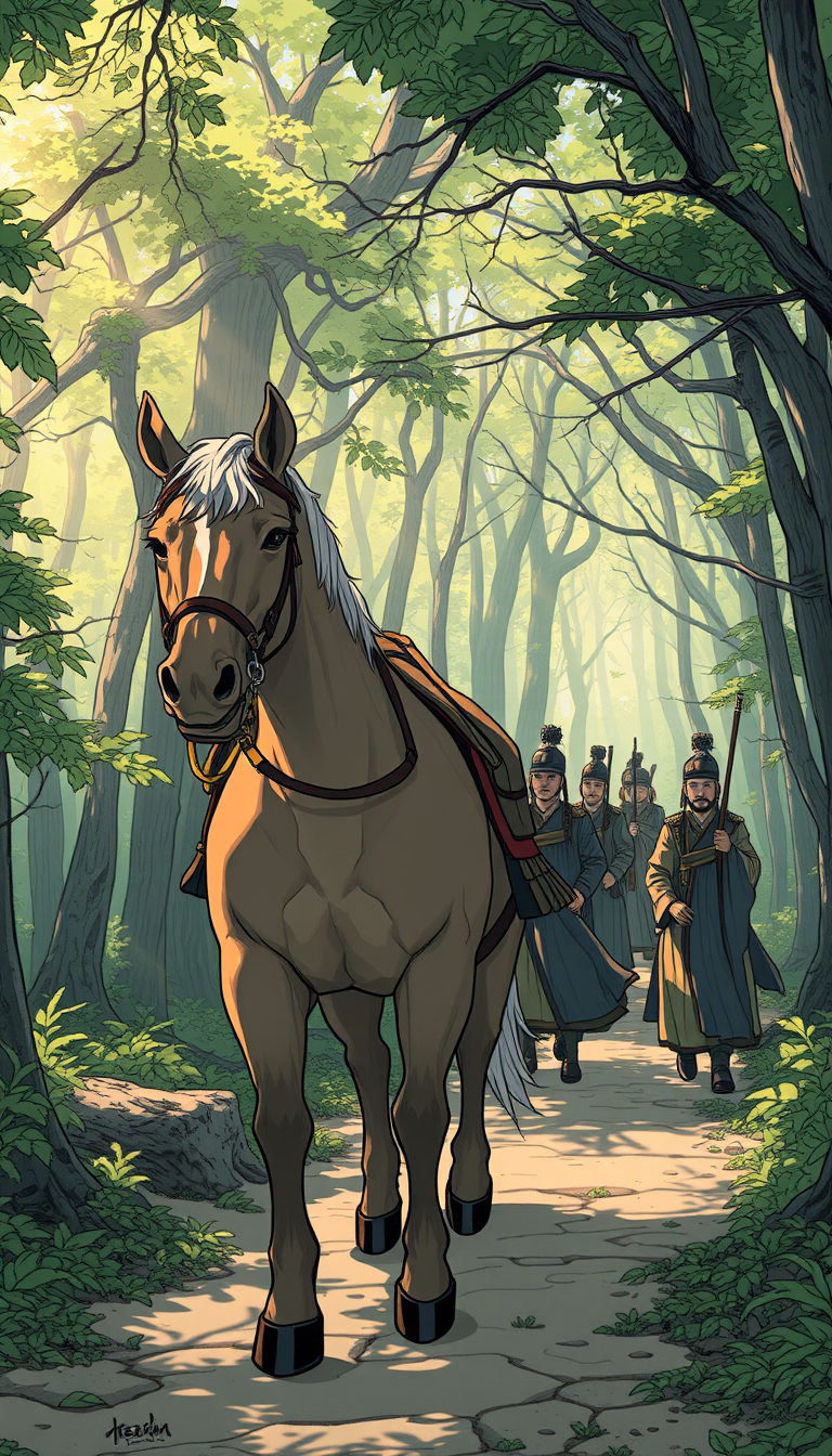 An older horse is depicted confidently leading the way, with soldiers in Song Dynasty attire following close behind. The dense forest begins to clear as sunlight filters through the leaves, making the path ahead more visible. The illustration is in a manga style.