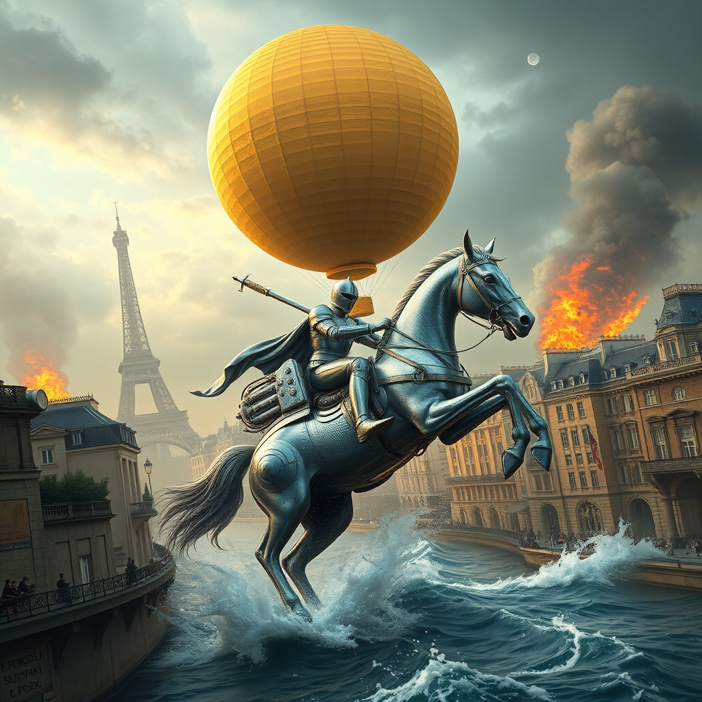 A giant perfect gold sphere with a fiber texture floats above in the sky, elevated by a giant flame underneath like a hot air balloon, drifting over vintage Paris in the style of the 1900 Universal Exhibition, infused with a retro-futuristic aesthetic. Giant waves flood the city as a knight of the apocalypse rides a silver mechanical horse clad in silver armor, emerging proudly from La Seine, galloping and slicing through the water under a stormy sky. It’s doomsday, an apocalypse scene with steampunk elements, backlighting, mist, and fire embers; the perspective creates a pop rock fluo collage of sci-fi steampunk machinery surrounded by extra dust particles, cloud effects, and rendered in octane with paper art and ink illustrations reminiscent of Méliès and Jules Verne.