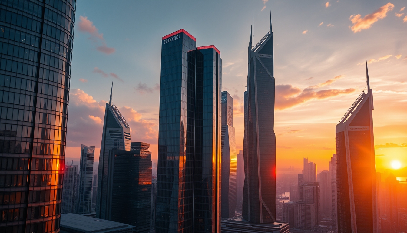 A futuristic cityscape with towering glass skyscrapers reflecting the sunset.