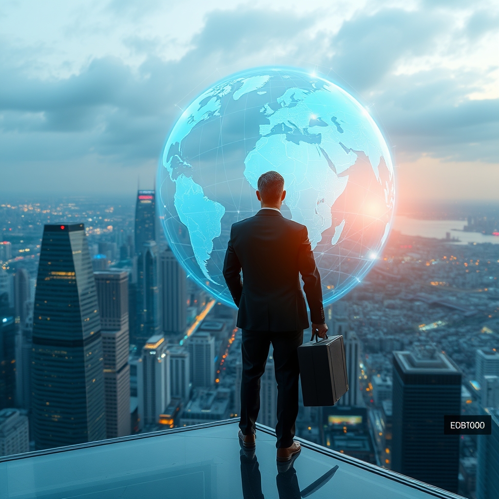 Futuristic businessman overlooking cityscape with digital globe hologram in background. - Image