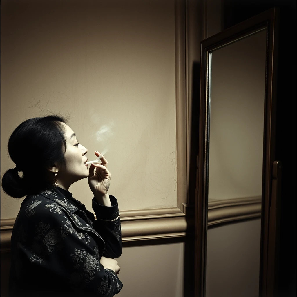 A Chinese woman is smoking while looking in the mirror, which is a tall, standing mirror with cracks.