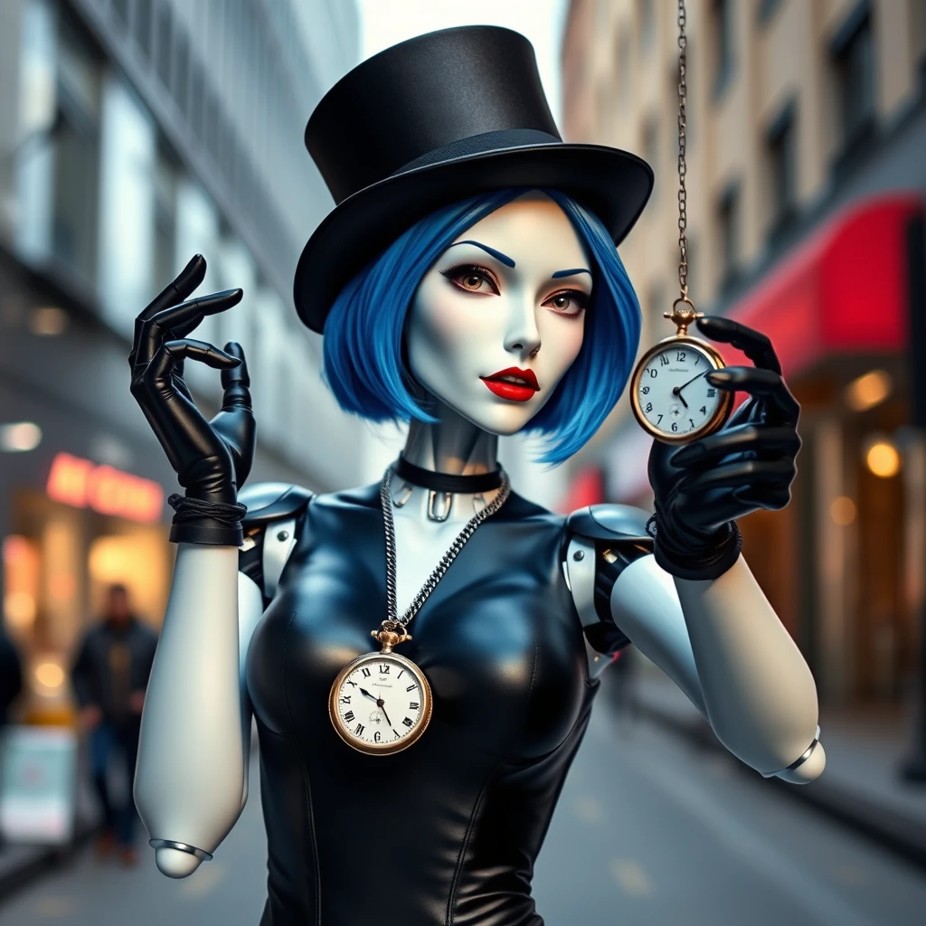 A humanoid attractive female robot that looks like a stage hypnotist, wearing a top hat, a black leotard, and black gloves. She has pale white skin, lipstick, and blue hair. She wields a hypnotic pocket watch dangling from a chain, which she holds in her right hand and sways back and forth to hypnotize the viewer. Set in a modern street, she is staring at the viewer. - Image