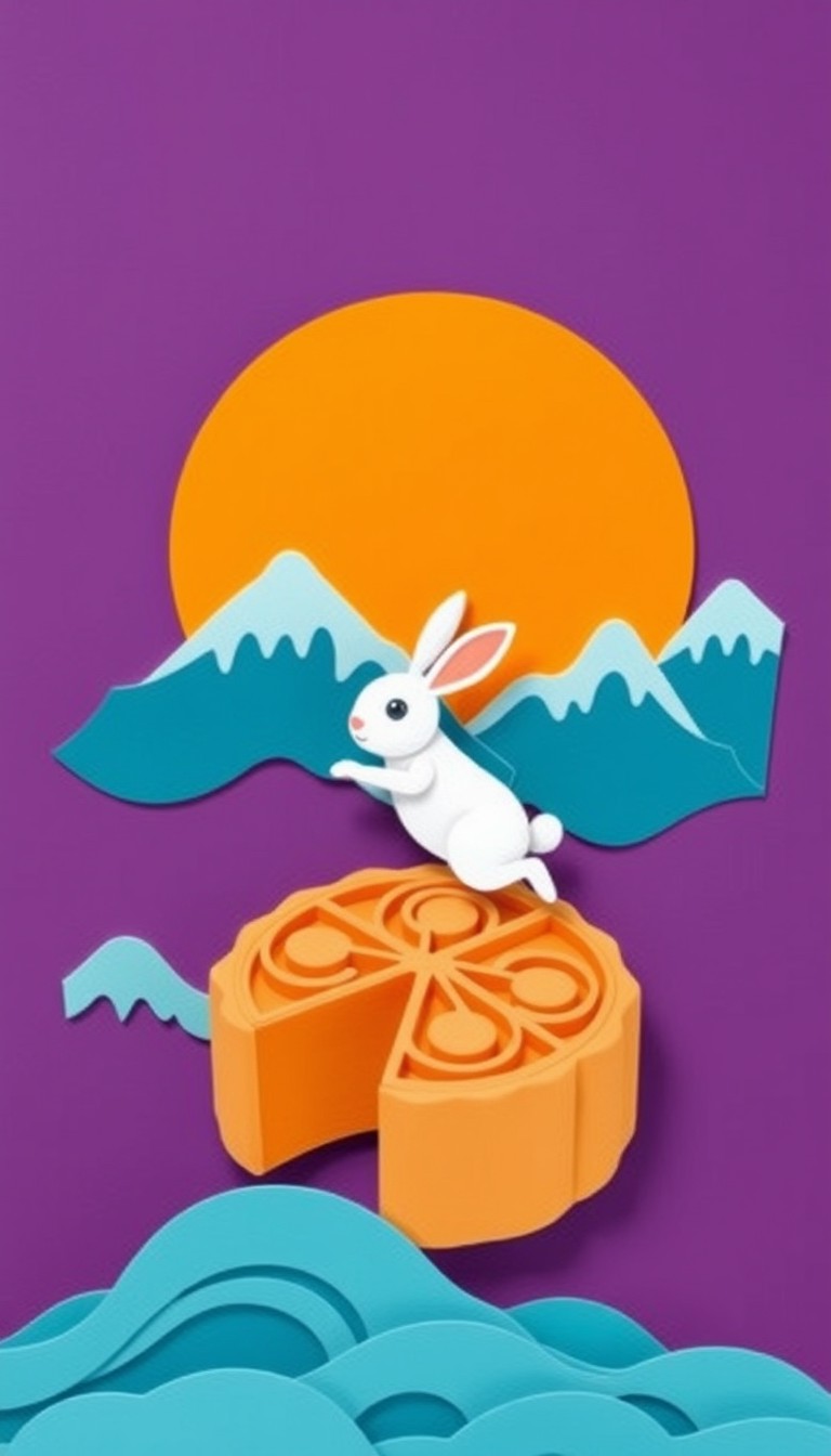 A white rabbit is jumping on top of a mooncake, with a purple background, blue mountains, an orange moon, in a paper-cut style, with layers.