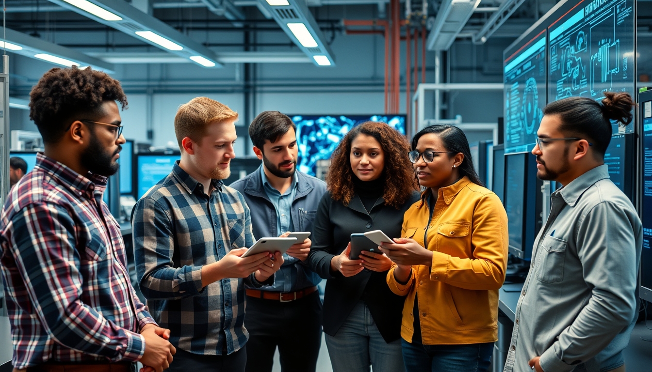 Group of diverse engineers discussing a breakthrough AI project in a high-tech lab. - Image