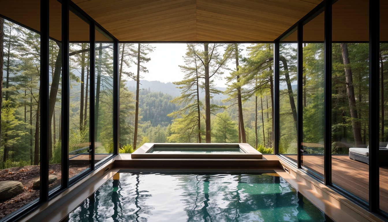 A luxurious spa with glass walls, overlooking a serene forest landscape. - Image