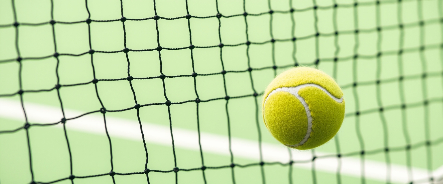 A tennis ball is resting on a net.