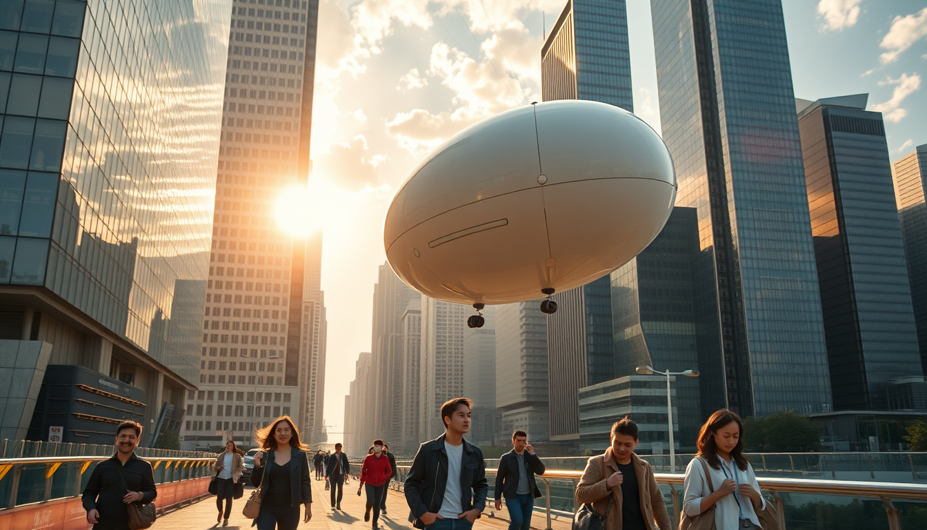 Create a stunning high-resolution image of the city of the future. The skyline should be filled with towering skyscrapers. Include a light-colored oval balloon-type robot flying rapidly through the air with tiny black balancers on either side of the balloon. There are some people walking on the street, Asian faces, wearing fashionable and avant-garde clothes, creating a laid-back and pleasant atmosphere. The visual focus of the image highlights small balloon-type robots patrolling the air for safety, very beautiful clouds, and beautiful sunlight reflecting off the glass surfaces of buildings, creating an atmosphere of excitement and innovation. Very sharp and realistic details, 32K, flat view. - Image