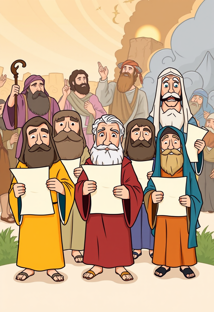 Illustrate various Old Testament prophets, each holding a scroll, set against a backdrop of significant biblical events. cartoon style, thick lines, low details, no shading. - Image