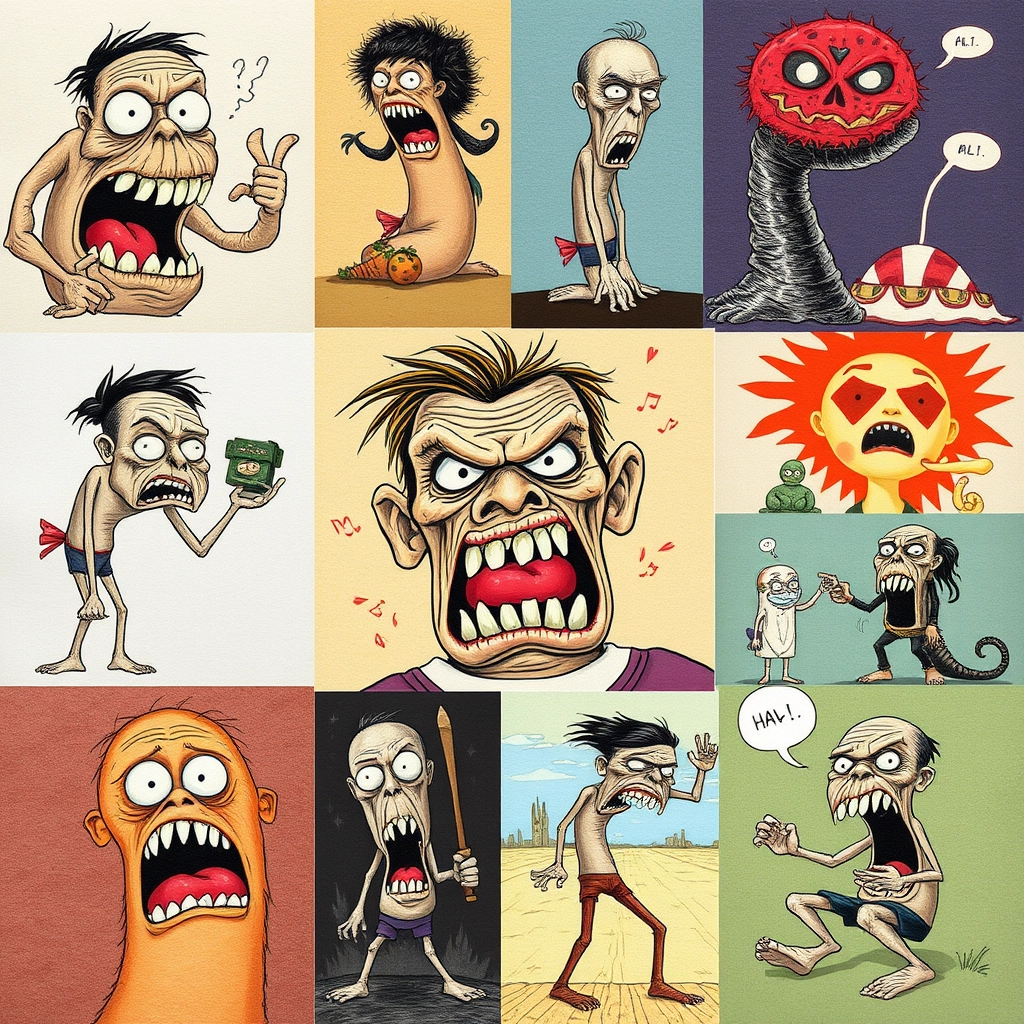 Collage of different crazy weird terrible illustrations. - Image