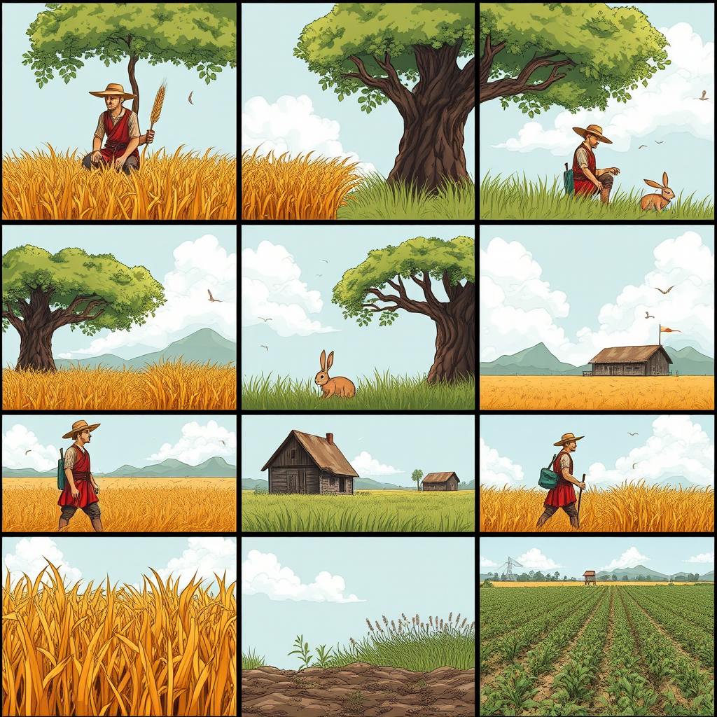 The image style is "cyberpunk," featuring an ancient farmer in a nine grid. Each grid's size is 9:16. The characters in each scene will all use the same farmer, ensuring that the face shape and clothing remain consistent throughout. In the first panel, the farmer is harvesting wheat. In the second panel, the farmer is sitting under a tree, and a rabbit is rushing by. In the third panel, the rabbit is lying on the ground. In the fourth panel, the farmer is walking toward a house. In the fifth panel, the farmer sits under the tree. In the sixth panel, the farmer sighs while sitting under the tree. In the seventh panel, the farmer stares blankly at the sky. In the eighth panel, the crops have withered. In the ninth panel, the farmer is planting seeds in the field.