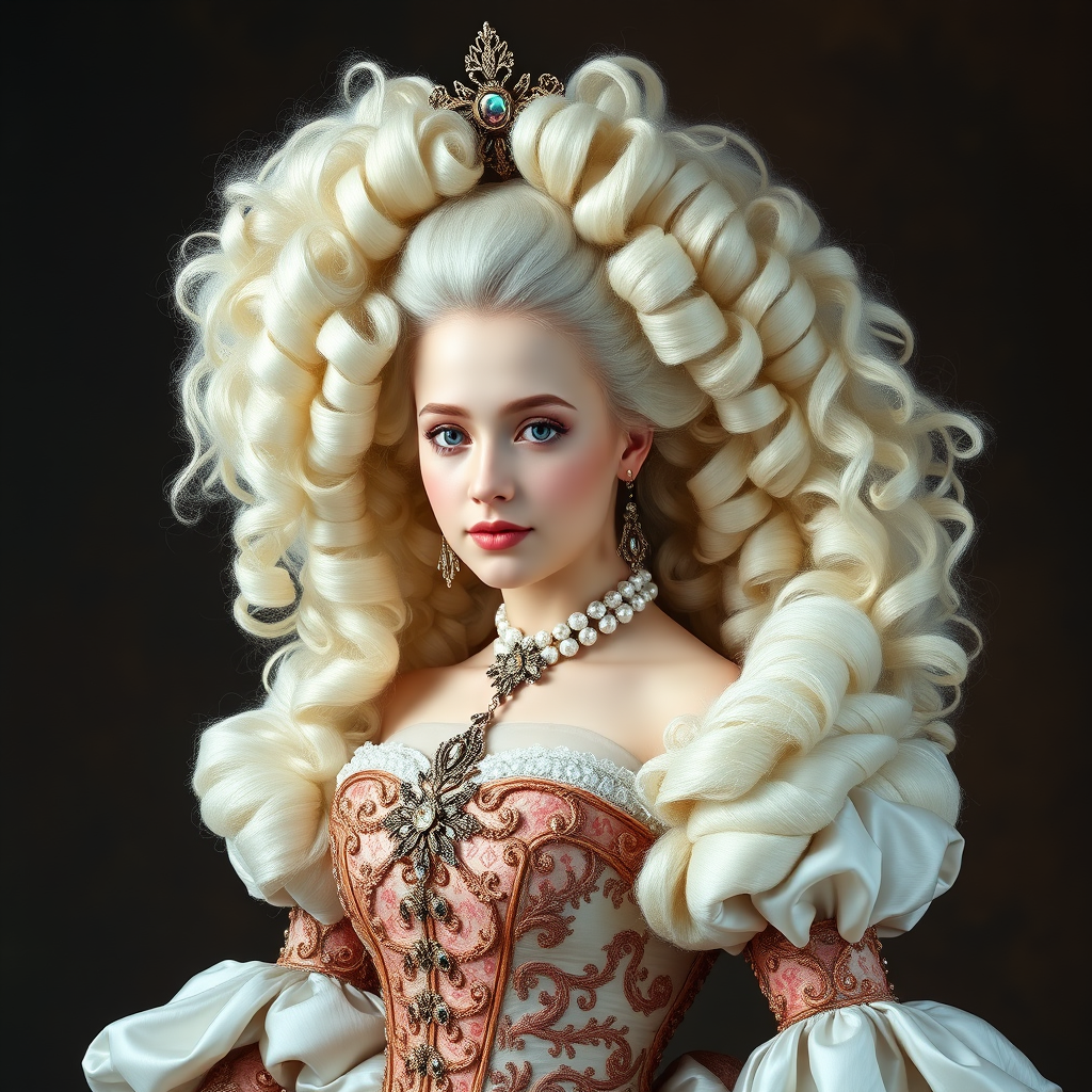 "Rococo Daenerys as Marie Antoinette", elaborate gown, huge rococo hair, head and shoulders portrait. - Image