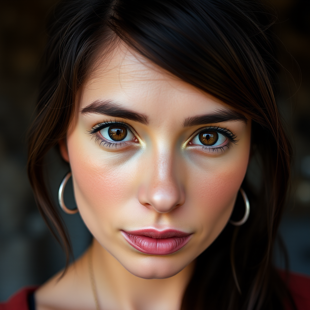 Picture of a brunette with brown eyes, super realistic.