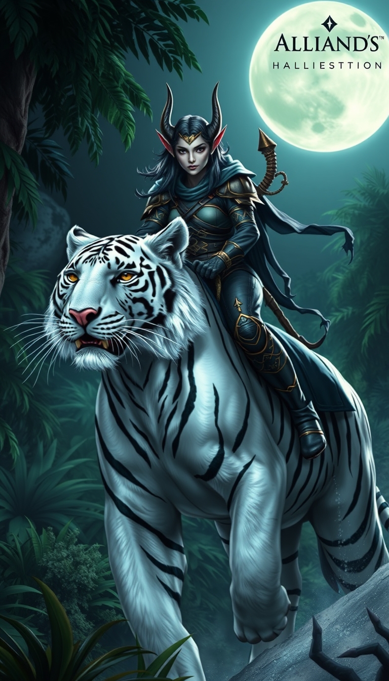 "A night elf riding a white tiger, realistic style, ultra-clear picture quality, moonlight, jungle, bright colors, upper right corner alliance logo text."