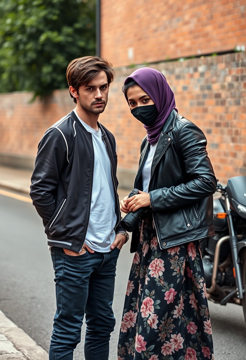 Jamie Dornan and Freddie Prinze head and body shot, handsome, young, serious face, dark brown-haired, white t-shirt, collage jacket, skinny jeans, sneakers, standing, discussing each other with a short purple hijab Muslim girl, beautiful eyes, black face mask, black leather jacket, biggest floral skirt, holding a DSLR Canon camera, near town road, superbike, hyper realistic, street photography, brick wall, full body photo. - Image