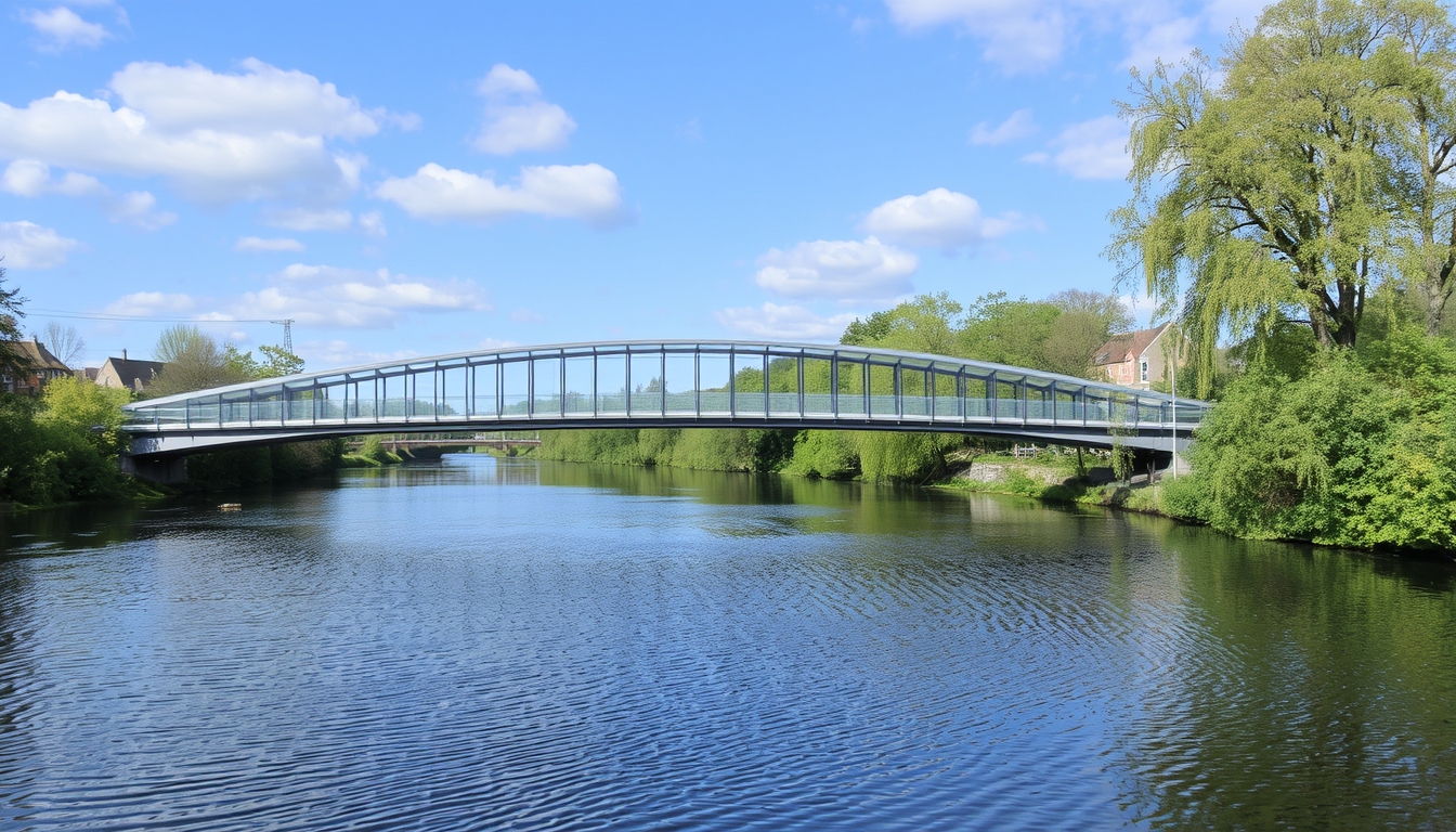 A serene river scene with a glass-bottomed bridge crossing over it.