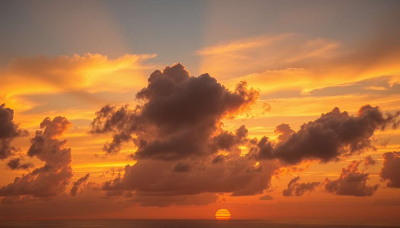 fiery sunset, clouds, high quality, photorealistic, evening sky, reflection, serene