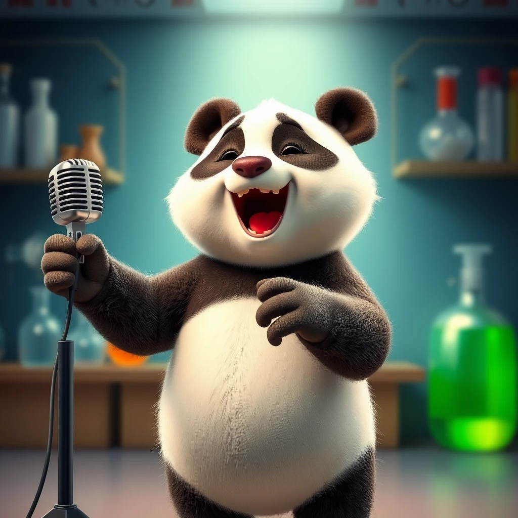 Science lab background, standing microphone, 3D Pixar animation style panda dancing and singing, excited and joyful expression, very smooth fur on panda, cute, high quality, no human finger.