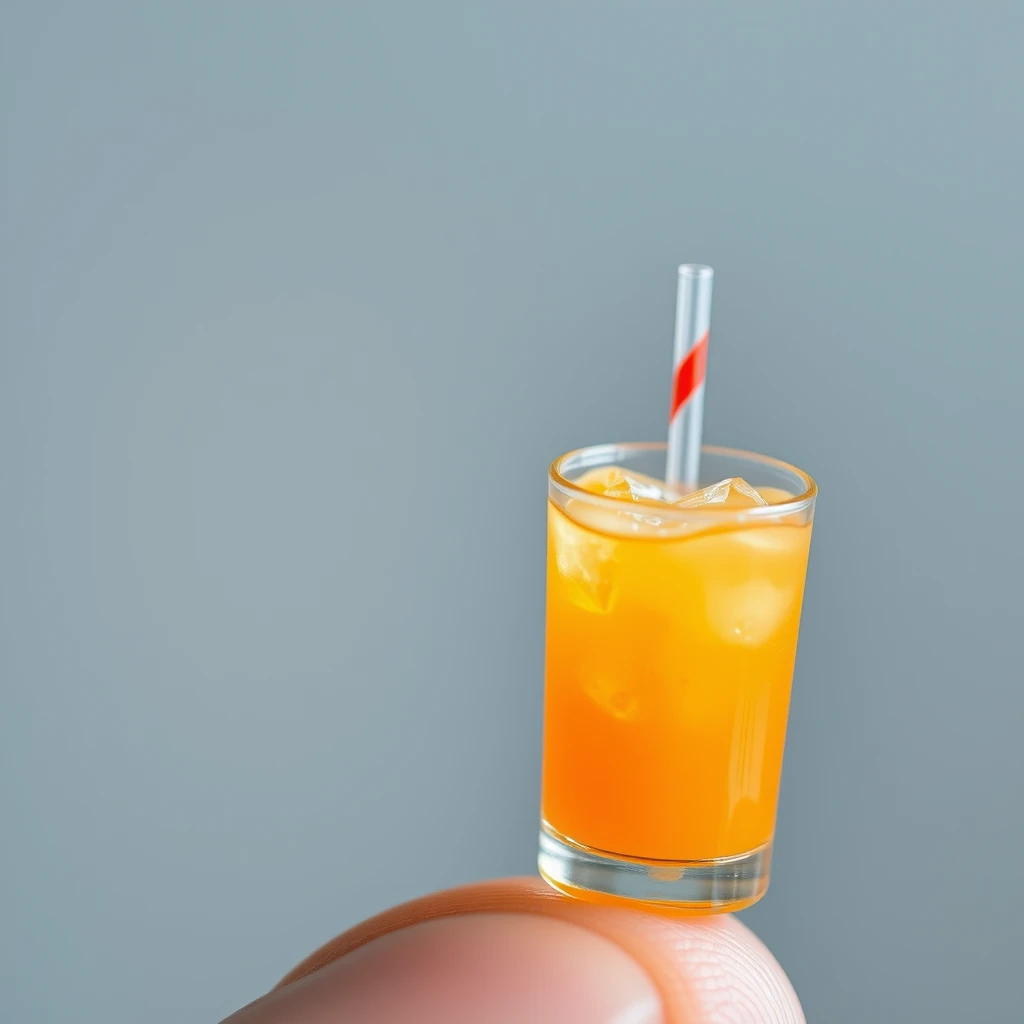 Extreme close-up macro photography depicting an extremely tiny miniature cup of orange juice with ice and a straw standing on a finger. - Image