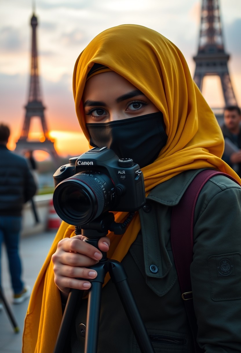 Biggest hijab yellow Muslim girl, beautiful eyes, face mask black, green army leather jacket, biggest skirt, camera dslr canon, tripod, taking photos of eiffel tower, sunrise, morning scenery, hyper realistic, street photography.