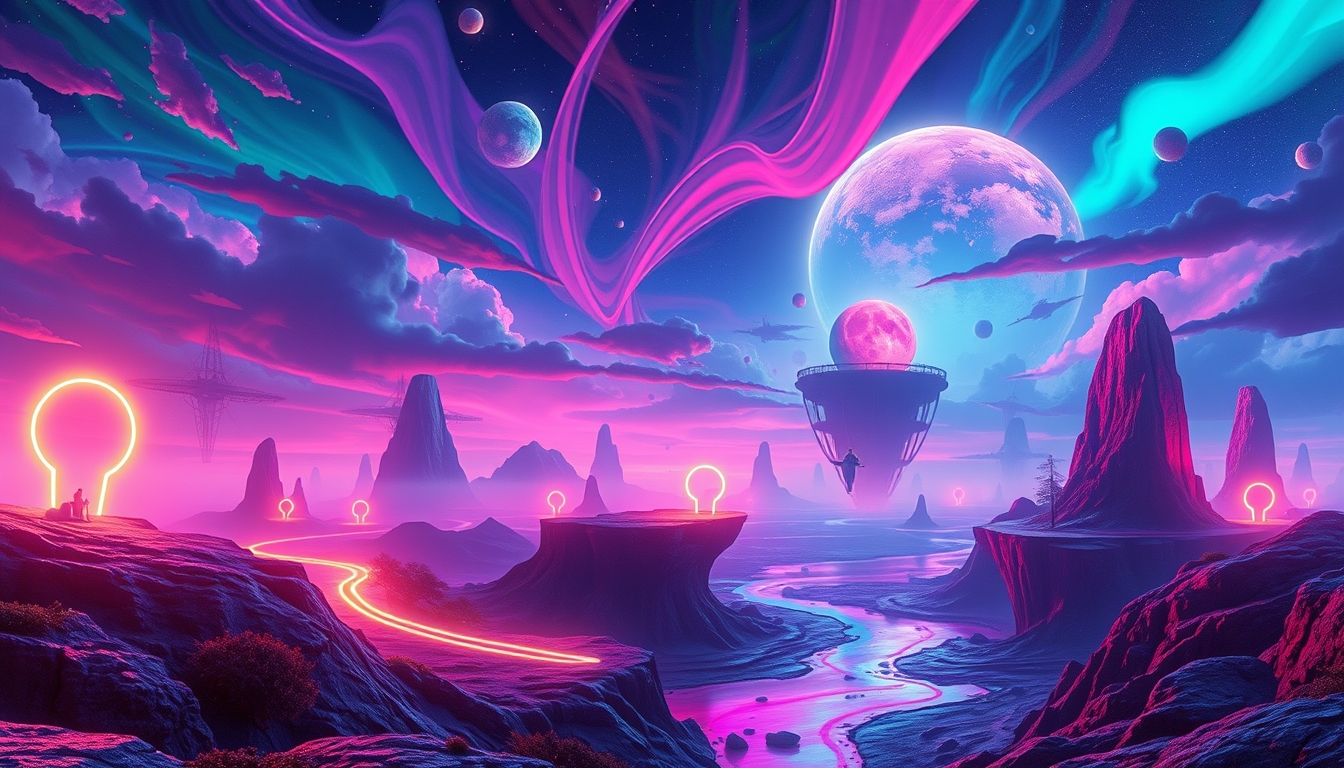 Surreal abstract landscape with neon lights, vibrant colors, and floating islands in a futuristic sky. - Image