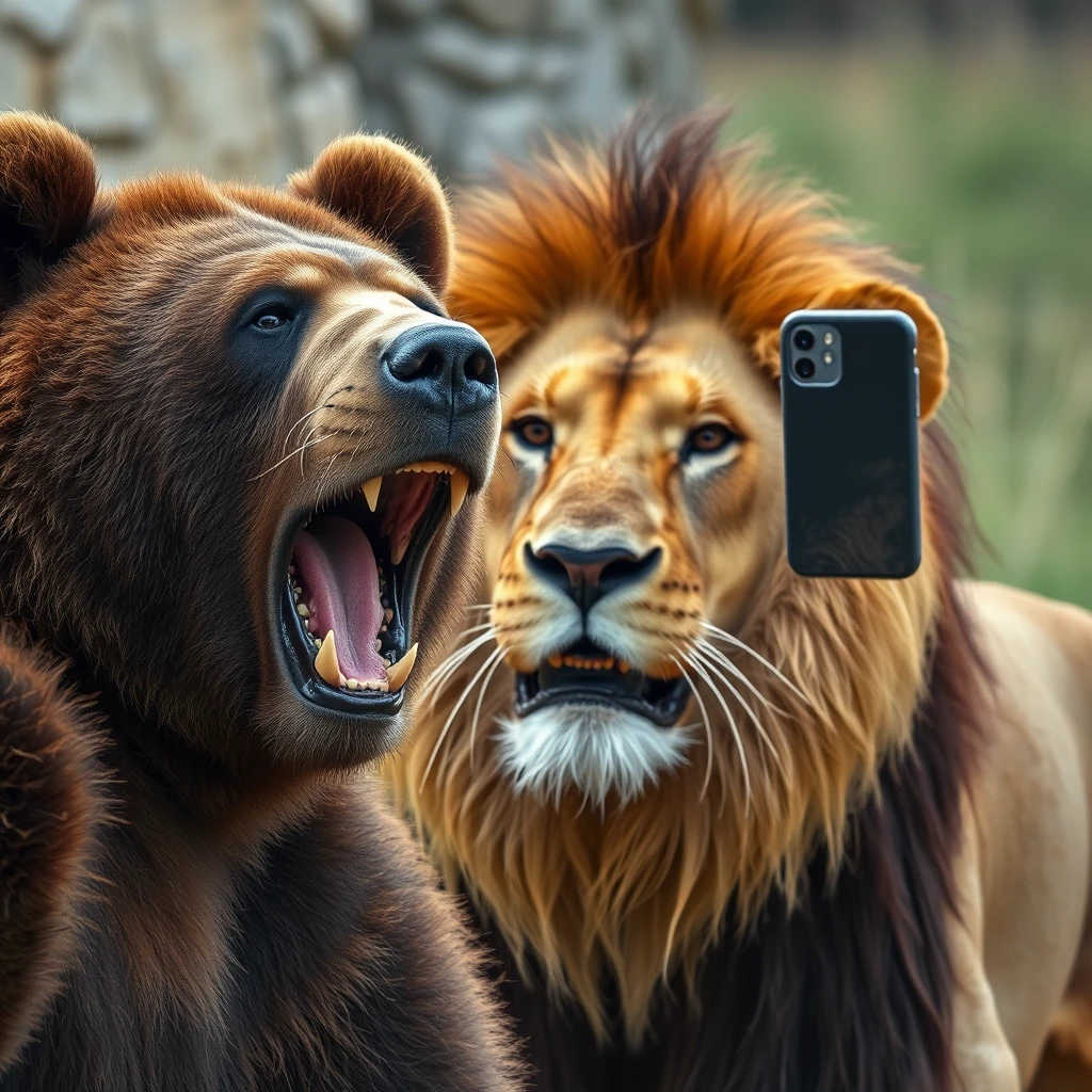 Bear taking a selfie with lion. - Image