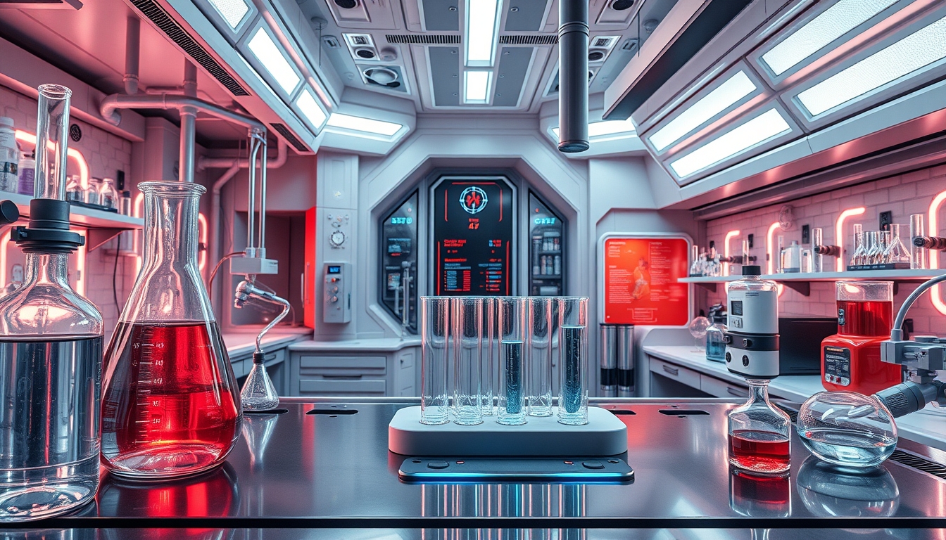 A futuristic laboratory with glass test tubes and advanced scientific equipment.