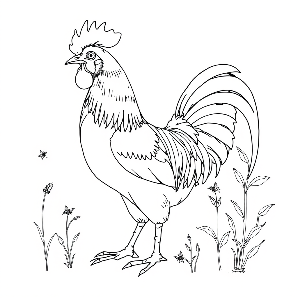 Outline drawing of a rooster, requiring realistic details, catching bugs under plants. - Image