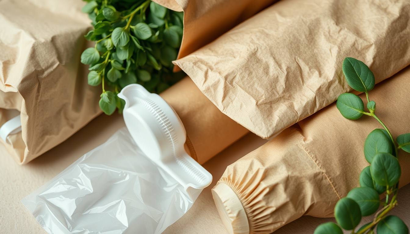 A detailed close-up of sustainable packaging materials, including cardboard, paper, and biodegradable plastics, arranged aesthetically on a neutral background.