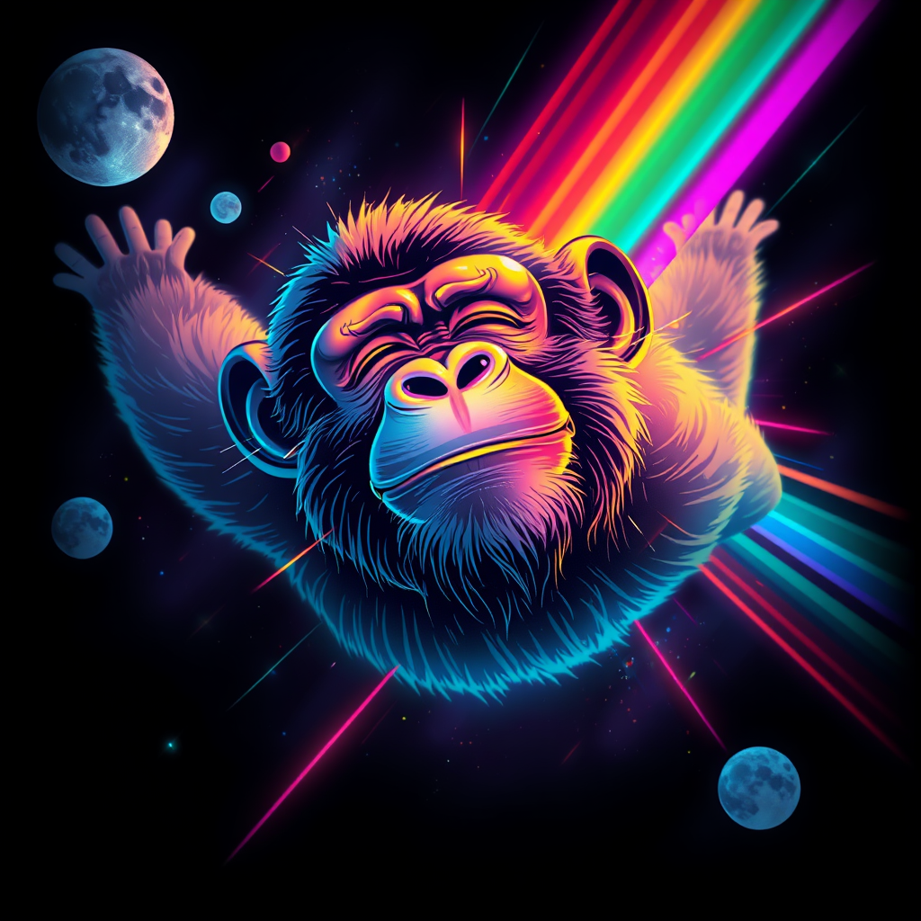 A tee shirt design of a peaceful smiling ape flying through a dreamy space world, with vibrant rainbow color flashes interspersed, while his eyes are closed with a serene expression. Tee shirt design. Striking and visually stunning. Glitchy edges fading to black around the entire image. Digital painting with subtle beautiful acid rainbow cubic glitch effect throughout.