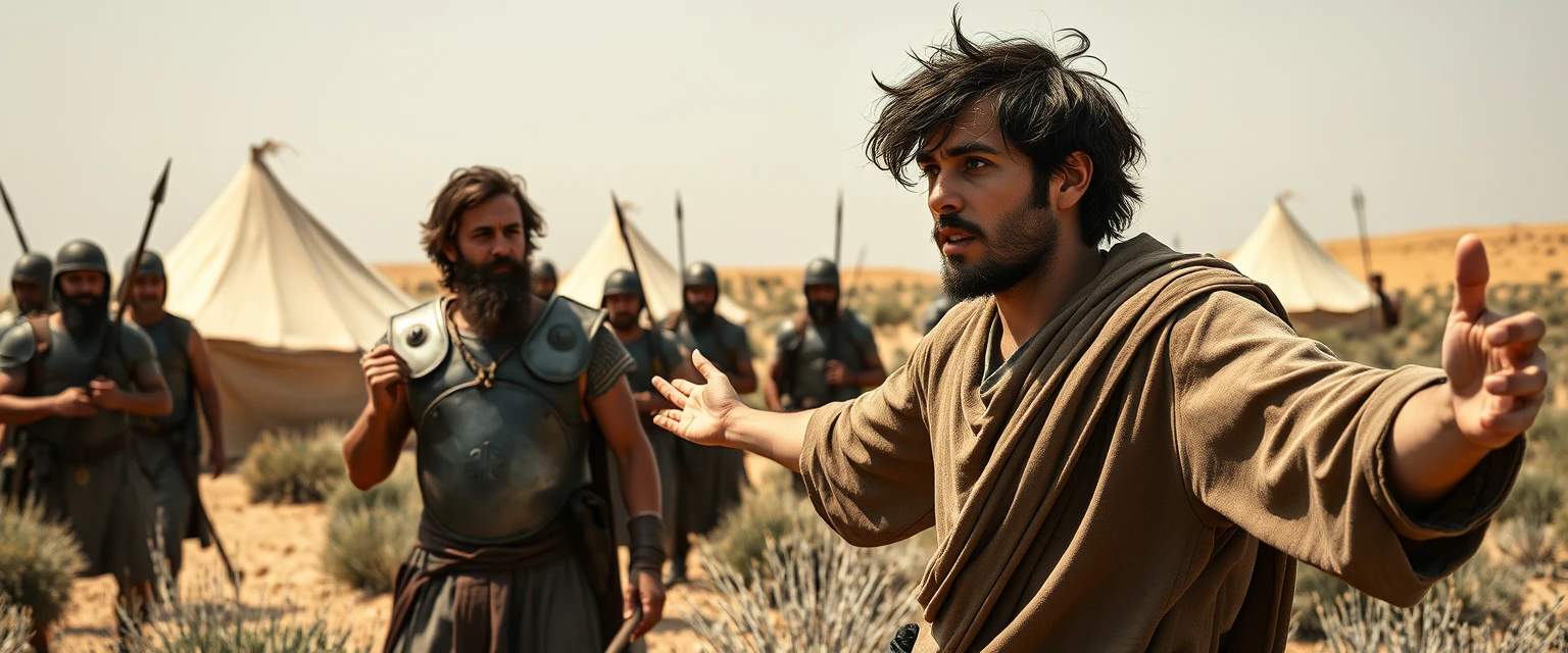 Create a scene of two men facing one another. The man on the right is a young Jewish man in his mid-20s, dressed as a simple shepherd, posed dramatically with his arms stretched out to the sides. He has dark, messy, unkempt hair and a beard, looking shocked as he gazes off-camera towards the left. The man on the left is a slim Jewish man in his mid-30s with messy hair and a Jewish beard, wearing only simple biblical-era Israelite armor. A group of four ancient biblical-era Israelite soldiers is crowding around the man on the left. In the background, there are Arabic army tents pitched on a desert shrub land. The overall mood of the image is one of anxiety and concern.