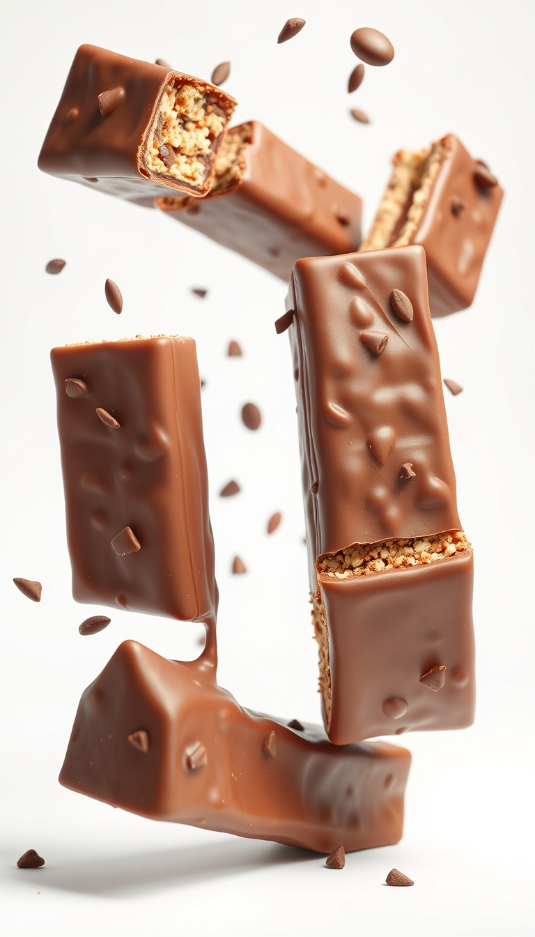 ultra realistic 3D render, chocolate snack bars. seamlessly in the air, on seamless white background - Image